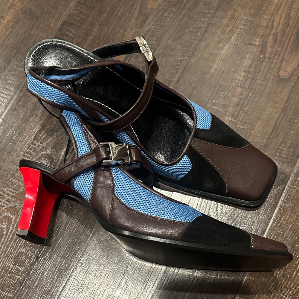 STAUD- rare / archival, Chic Women's Brown and Blue Sandals with red heel